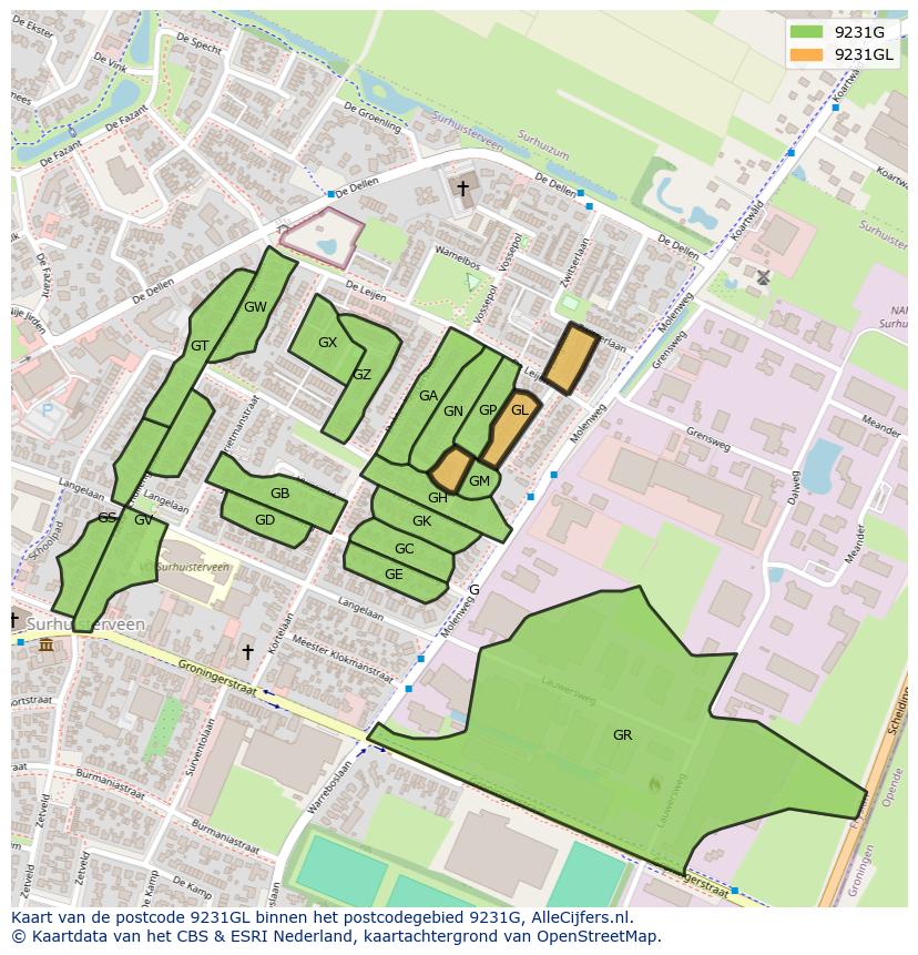 Afbeelding van het postcodegebied 9231 GL op de kaart.