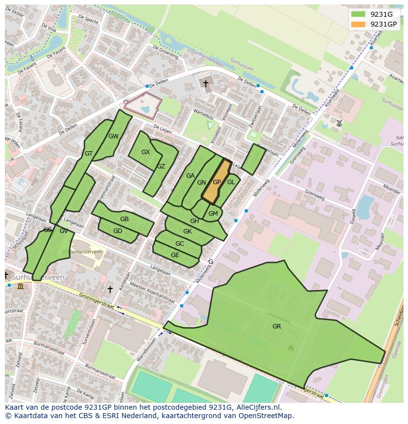 Afbeelding van het postcodegebied 9231 GP op de kaart.