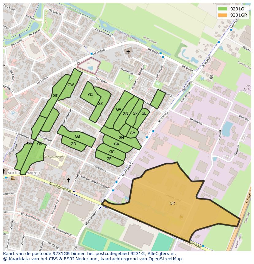 Afbeelding van het postcodegebied 9231 GR op de kaart.