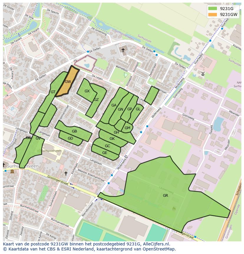 Afbeelding van het postcodegebied 9231 GW op de kaart.
