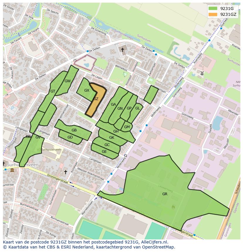 Afbeelding van het postcodegebied 9231 GZ op de kaart.