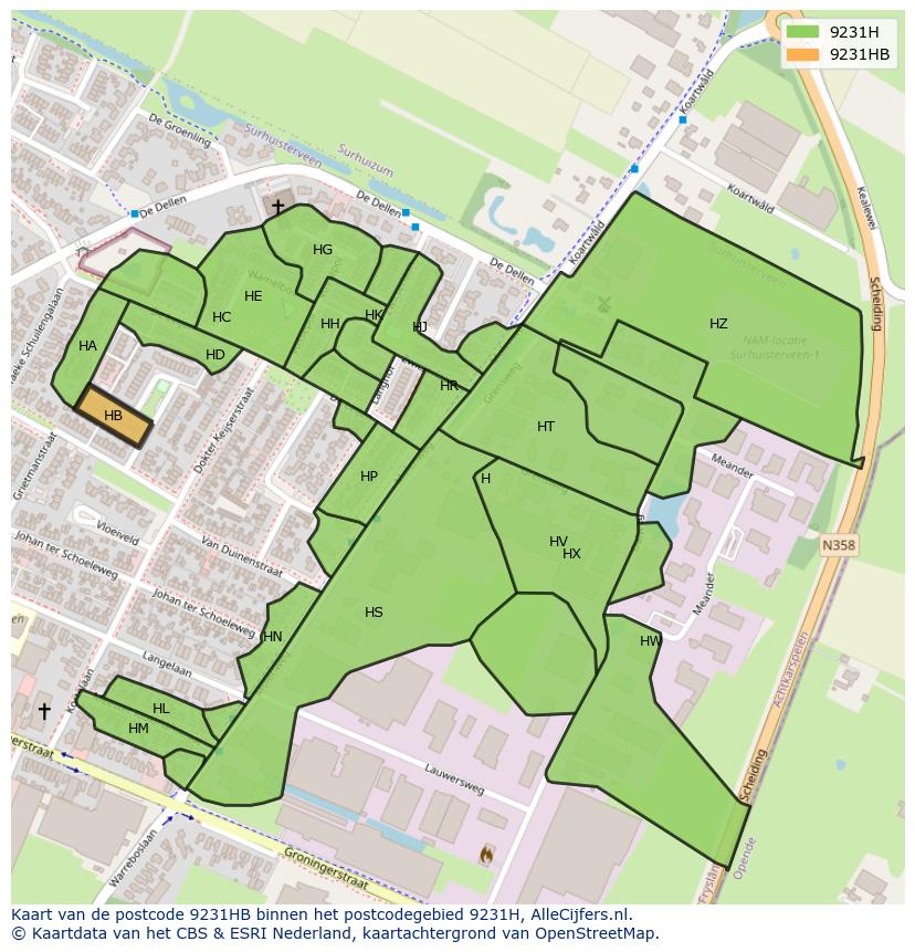 Afbeelding van het postcodegebied 9231 HB op de kaart.