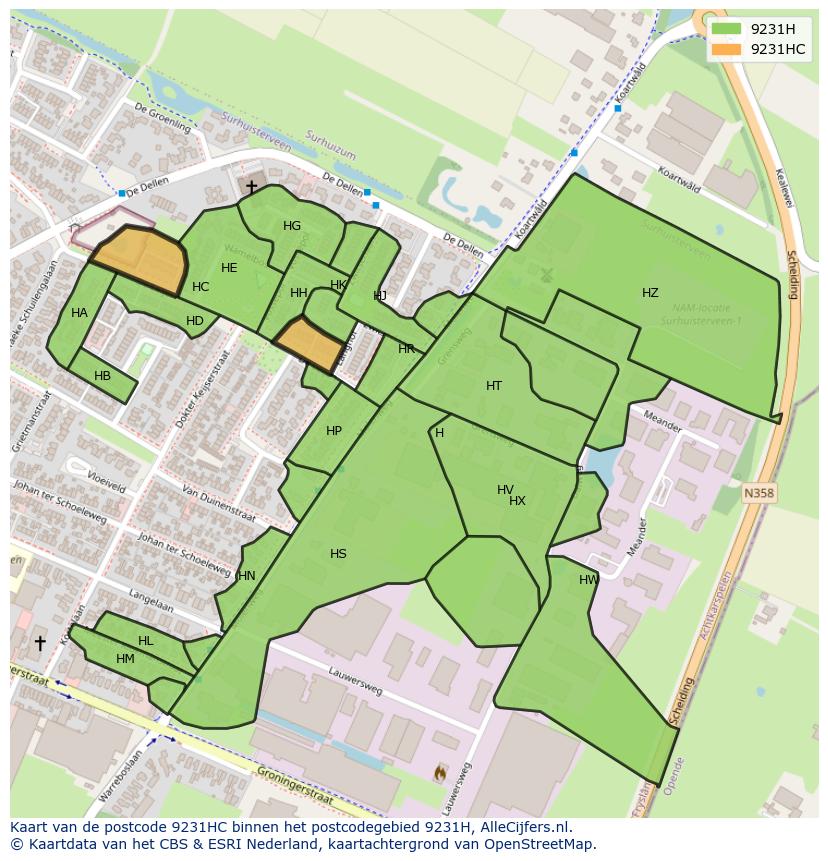 Afbeelding van het postcodegebied 9231 HC op de kaart.