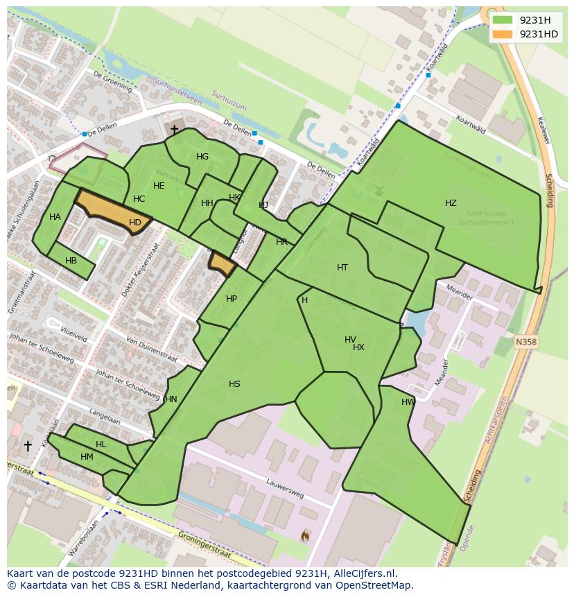 Afbeelding van het postcodegebied 9231 HD op de kaart.