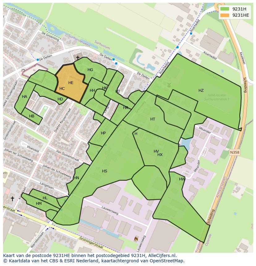 Afbeelding van het postcodegebied 9231 HE op de kaart.