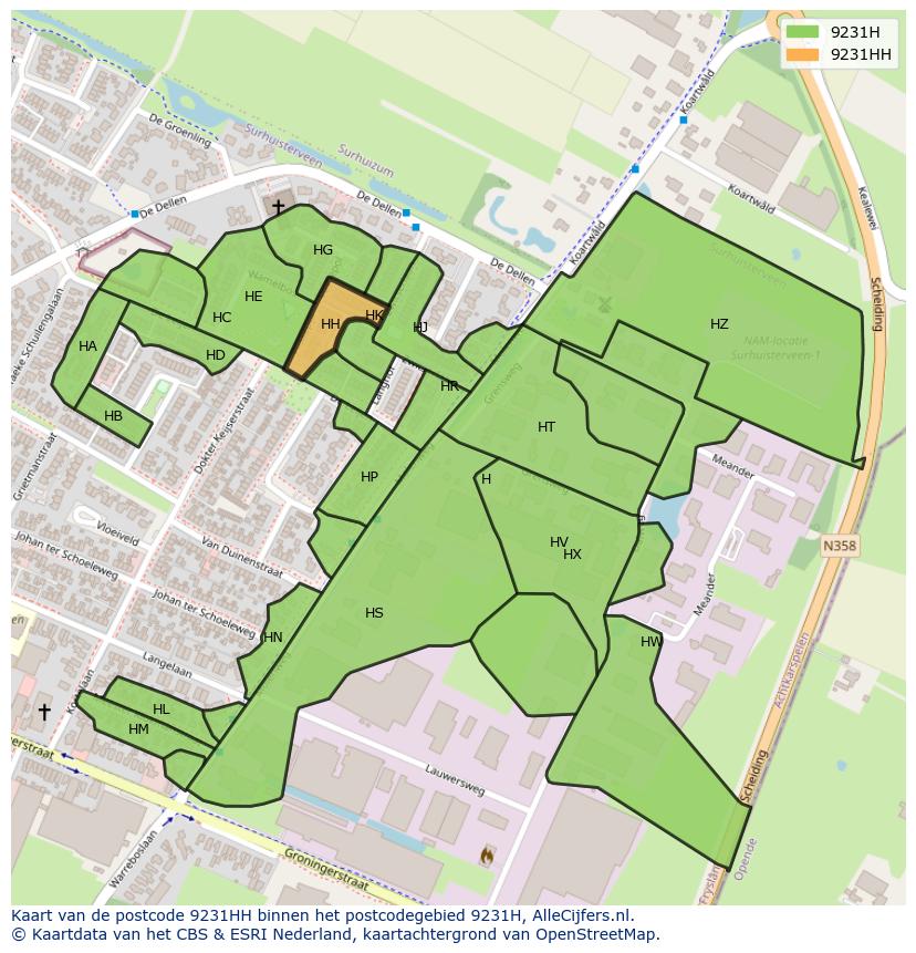 Afbeelding van het postcodegebied 9231 HH op de kaart.