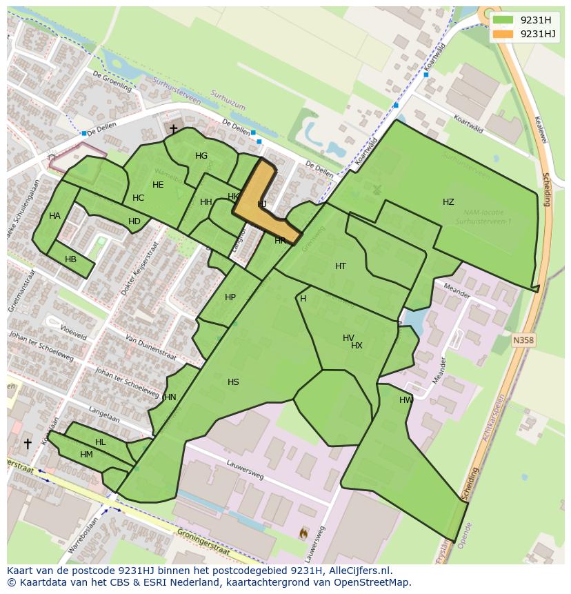 Afbeelding van het postcodegebied 9231 HJ op de kaart.
