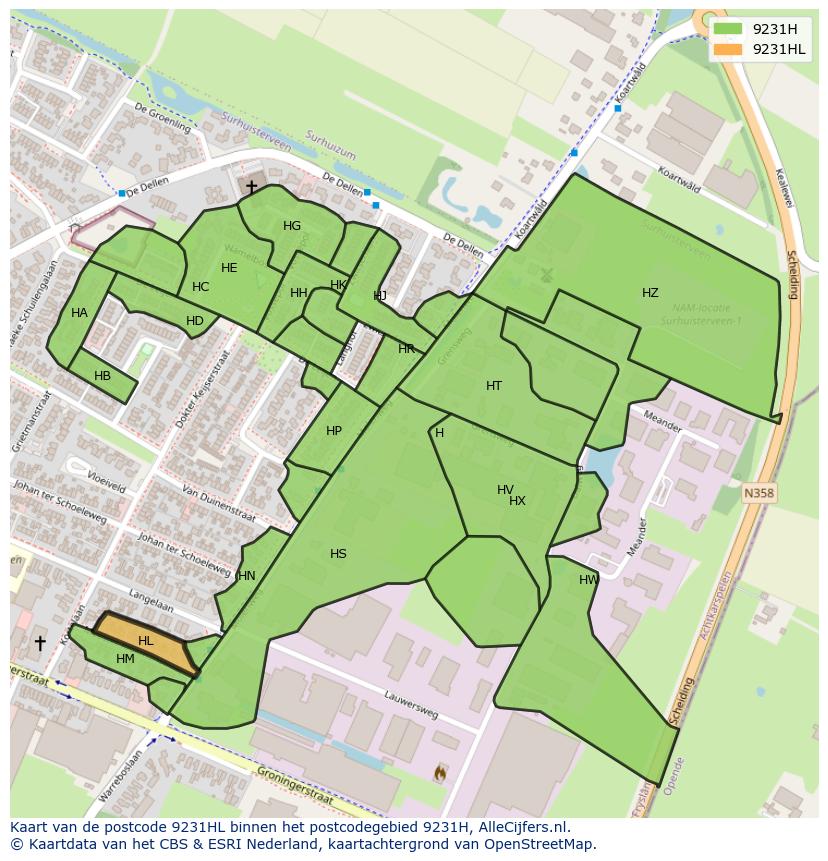Afbeelding van het postcodegebied 9231 HL op de kaart.