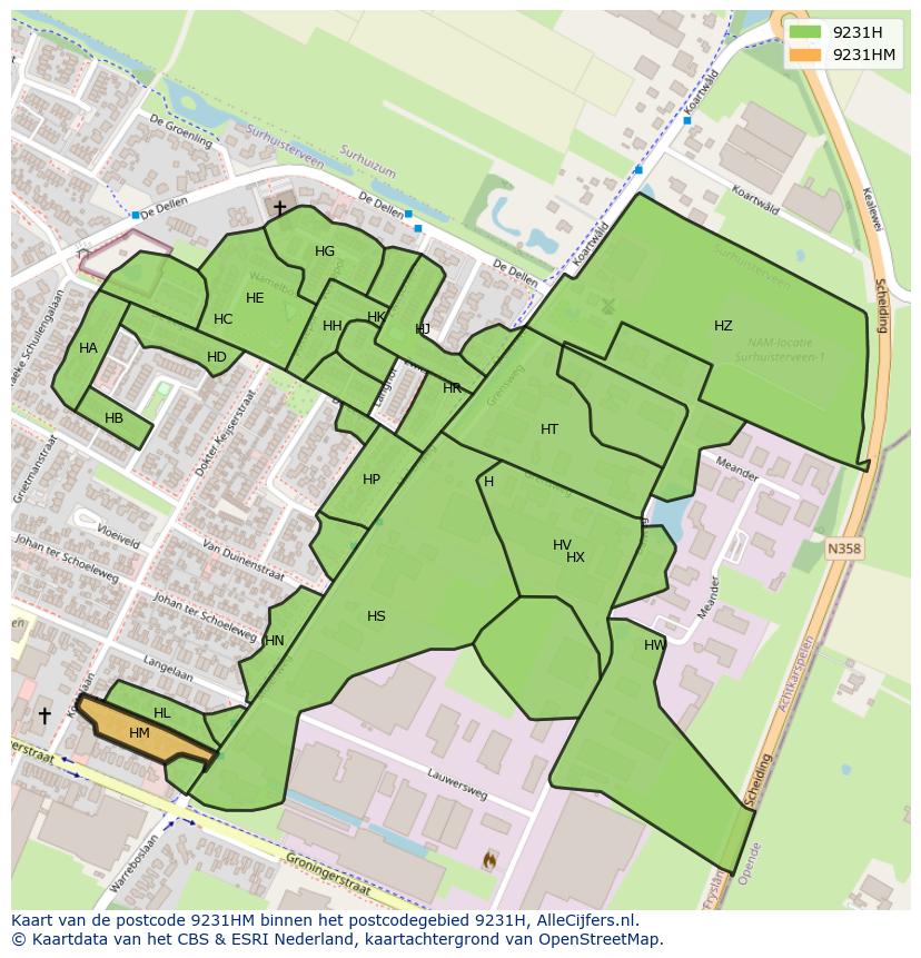 Afbeelding van het postcodegebied 9231 HM op de kaart.