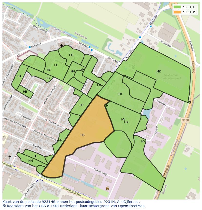 Afbeelding van het postcodegebied 9231 HS op de kaart.