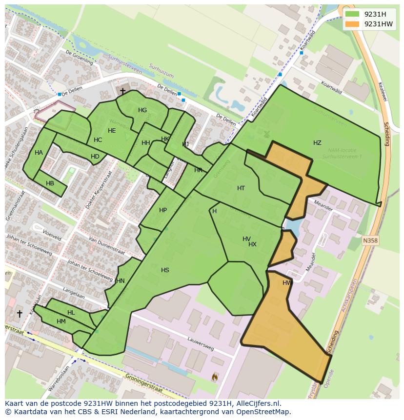 Afbeelding van het postcodegebied 9231 HW op de kaart.