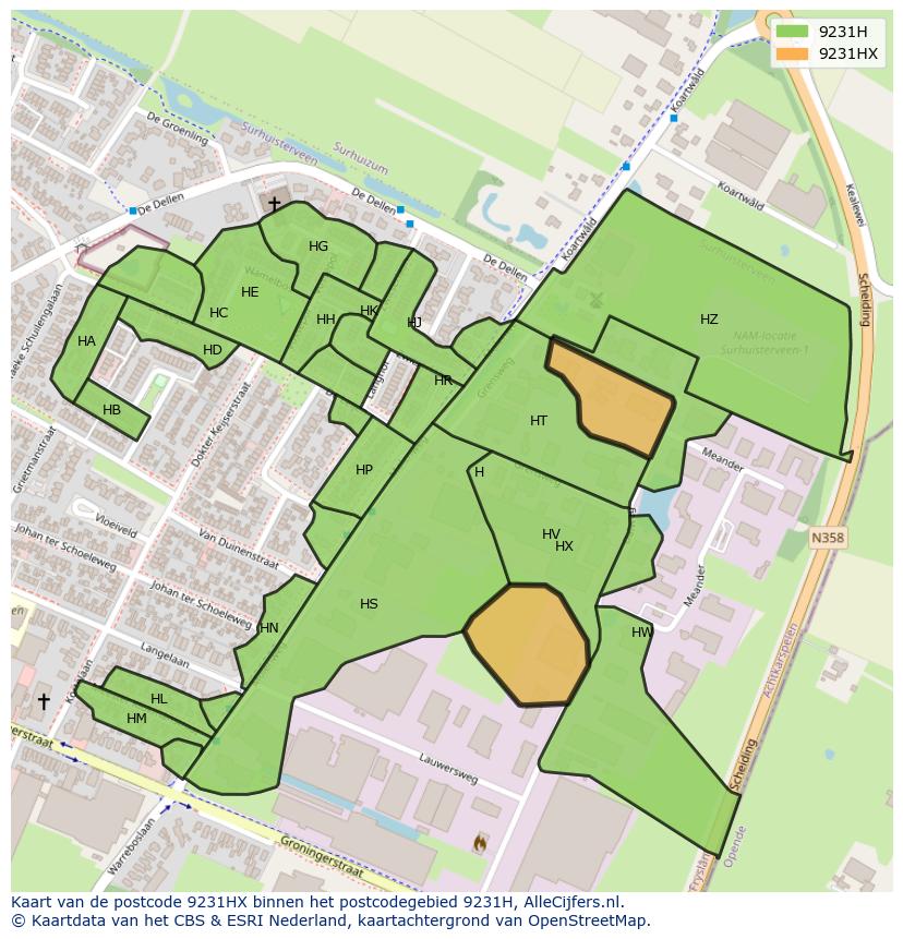 Afbeelding van het postcodegebied 9231 HX op de kaart.