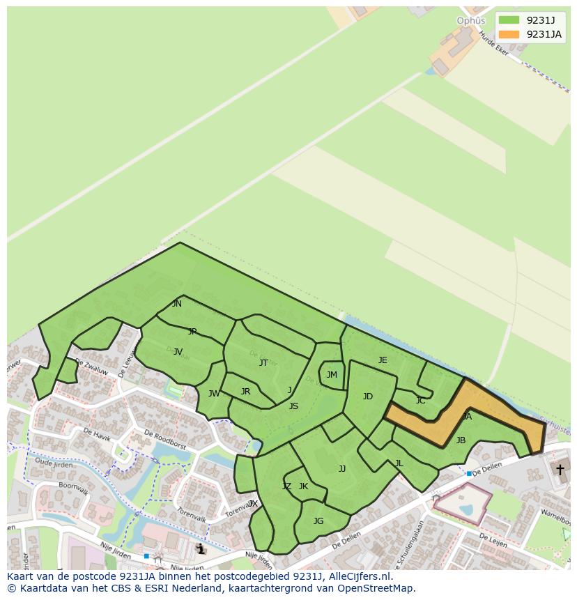 Afbeelding van het postcodegebied 9231 JA op de kaart.