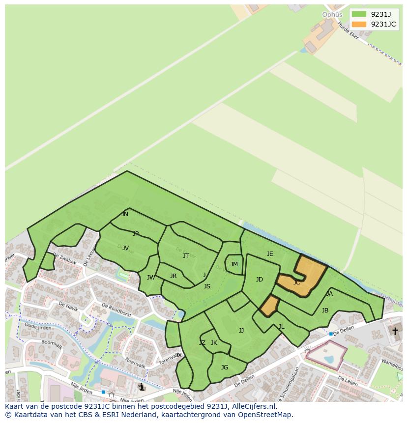 Afbeelding van het postcodegebied 9231 JC op de kaart.