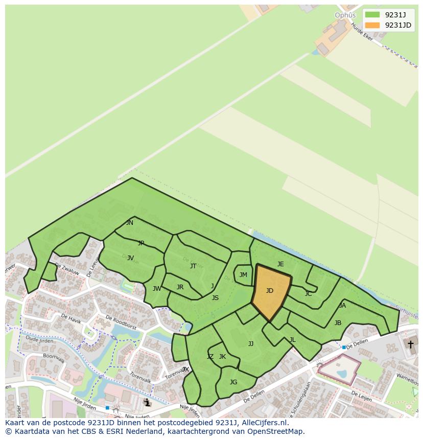 Afbeelding van het postcodegebied 9231 JD op de kaart.