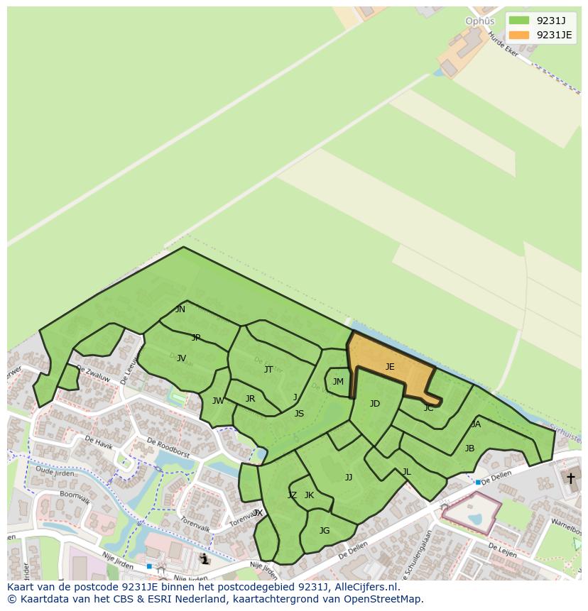 Afbeelding van het postcodegebied 9231 JE op de kaart.