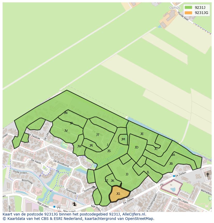 Afbeelding van het postcodegebied 9231 JG op de kaart.