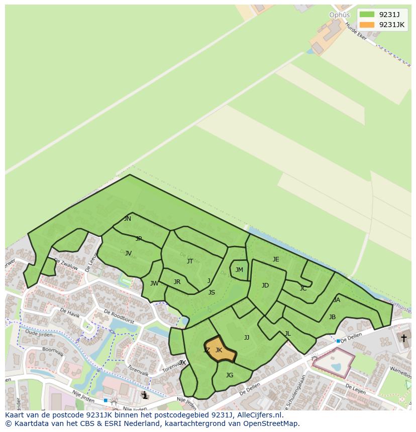 Afbeelding van het postcodegebied 9231 JK op de kaart.