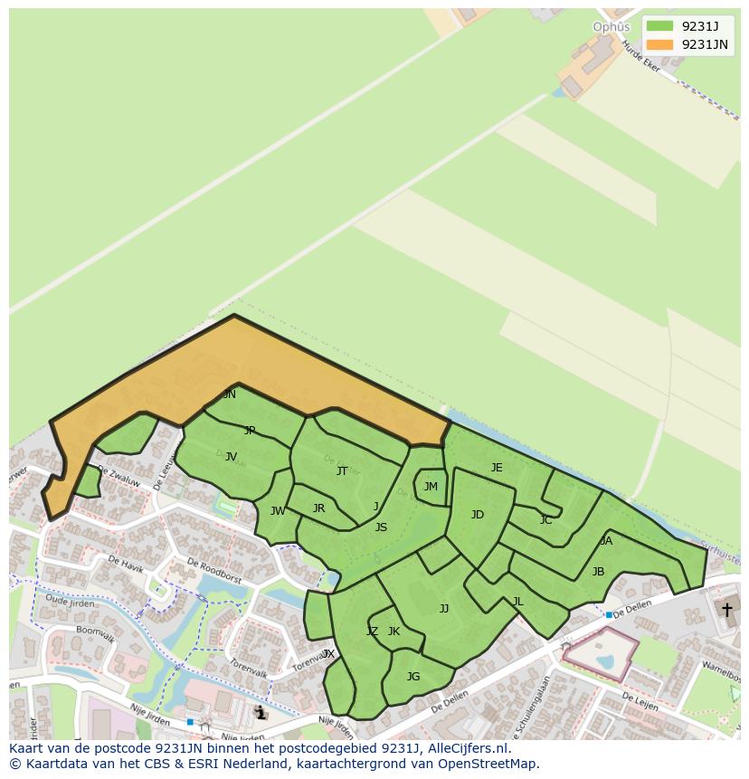 Afbeelding van het postcodegebied 9231 JN op de kaart.