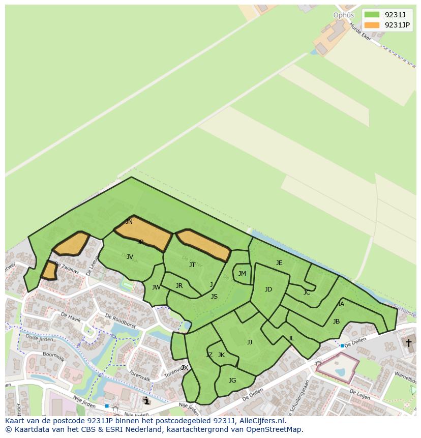 Afbeelding van het postcodegebied 9231 JP op de kaart.