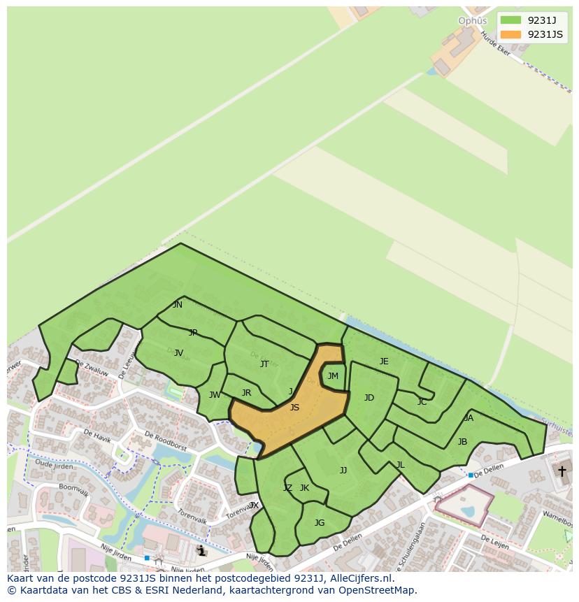 Afbeelding van het postcodegebied 9231 JS op de kaart.