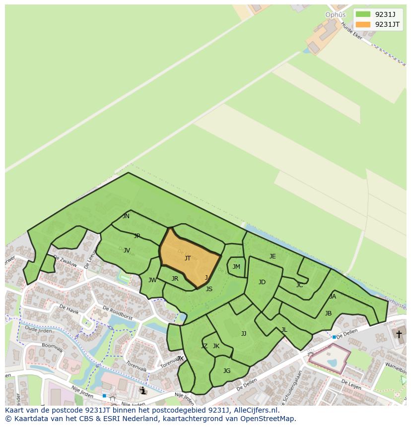 Afbeelding van het postcodegebied 9231 JT op de kaart.