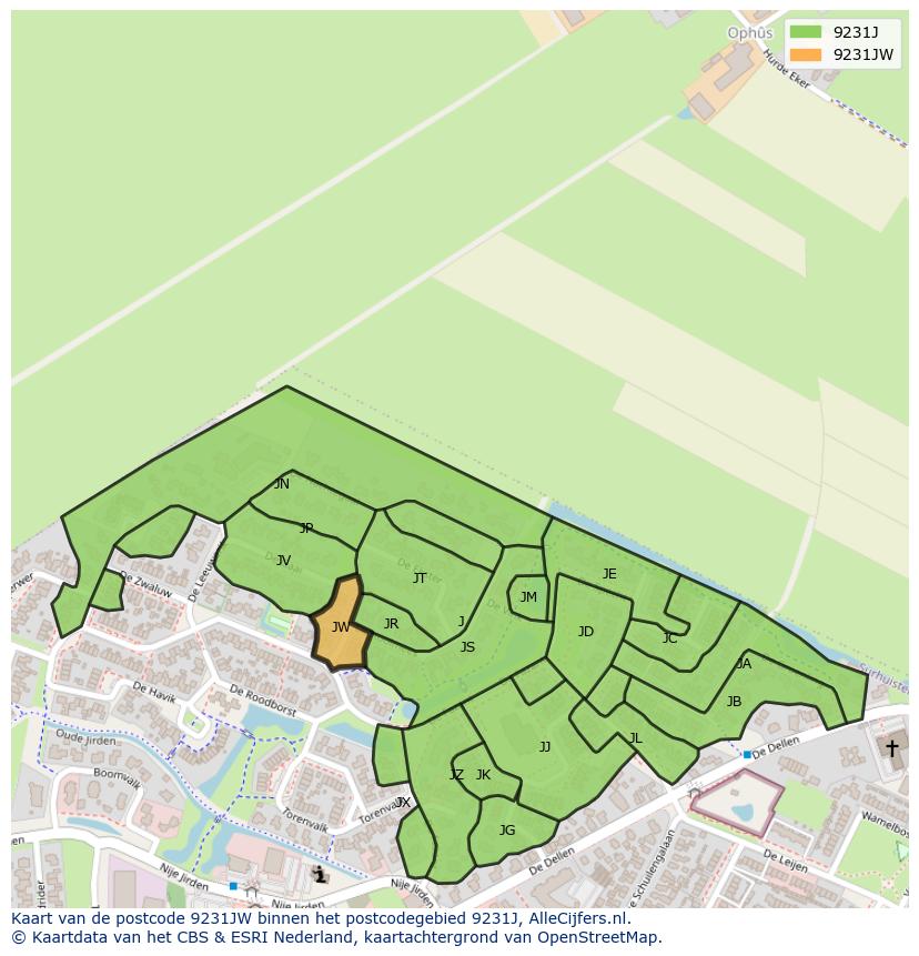 Afbeelding van het postcodegebied 9231 JW op de kaart.