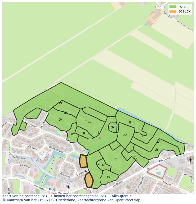 Afbeelding van het postcodegebied 9231 JX op de kaart.