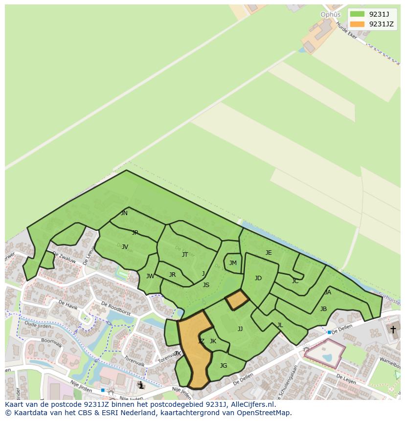 Afbeelding van het postcodegebied 9231 JZ op de kaart.