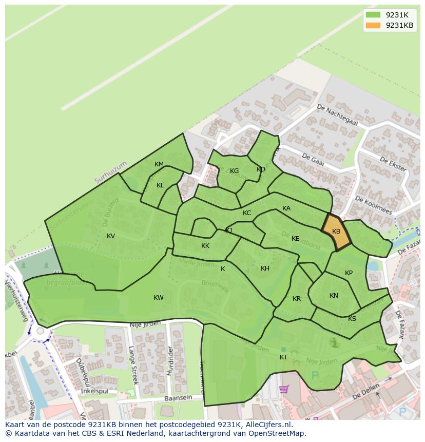 Afbeelding van het postcodegebied 9231 KB op de kaart.