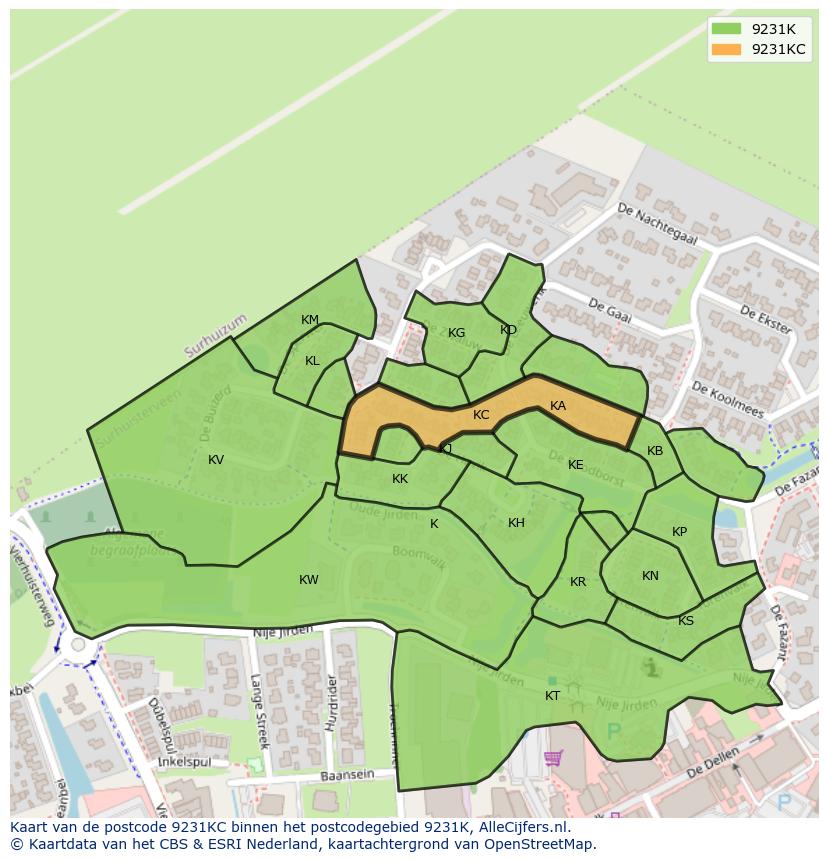 Afbeelding van het postcodegebied 9231 KC op de kaart.