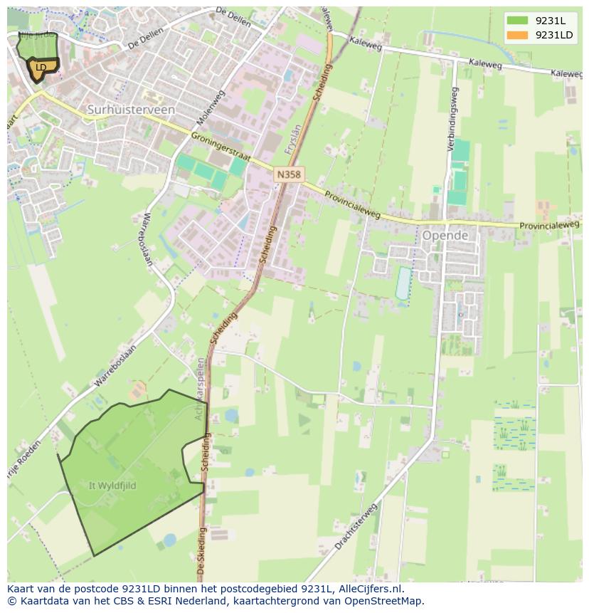 Afbeelding van het postcodegebied 9231 LD op de kaart.