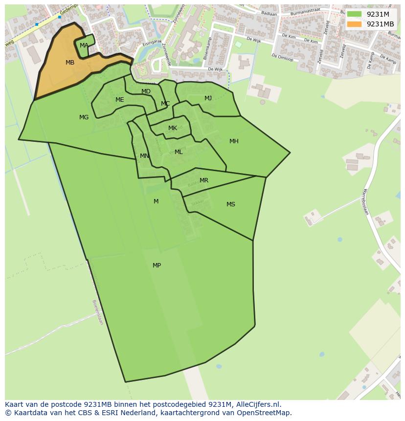 Afbeelding van het postcodegebied 9231 MB op de kaart.