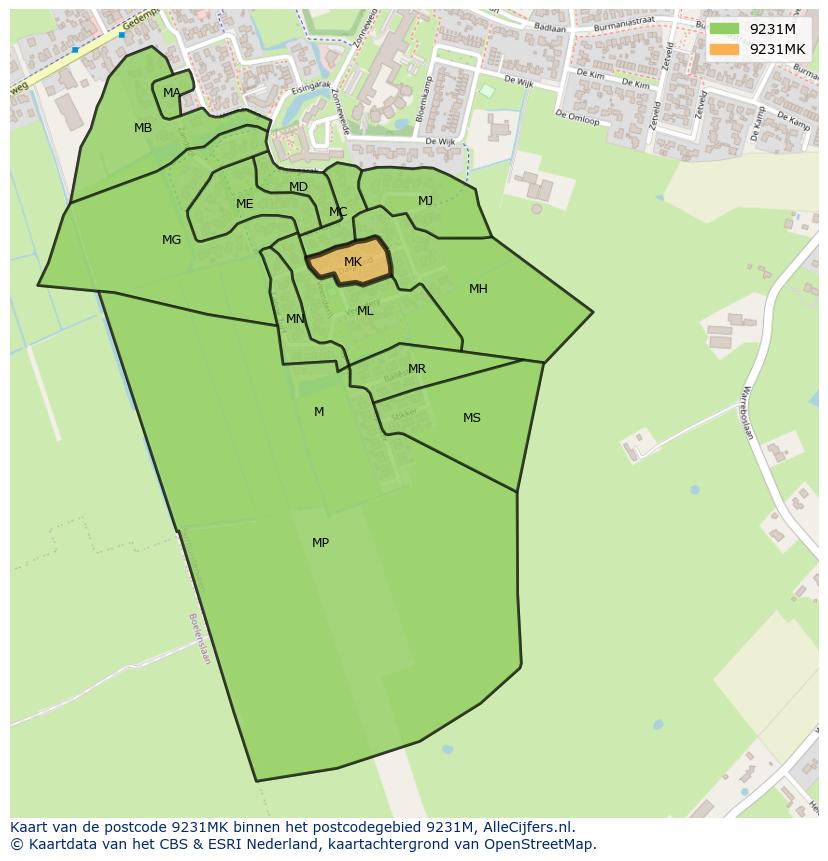 Afbeelding van het postcodegebied 9231 MK op de kaart.