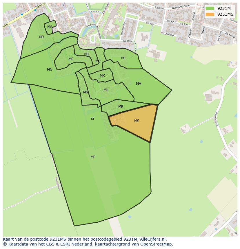 Afbeelding van het postcodegebied 9231 MS op de kaart.