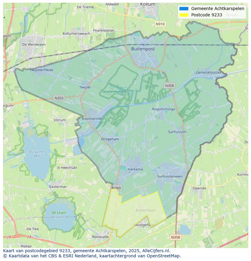 Afbeelding van het postcodegebied 9233 op de kaart.