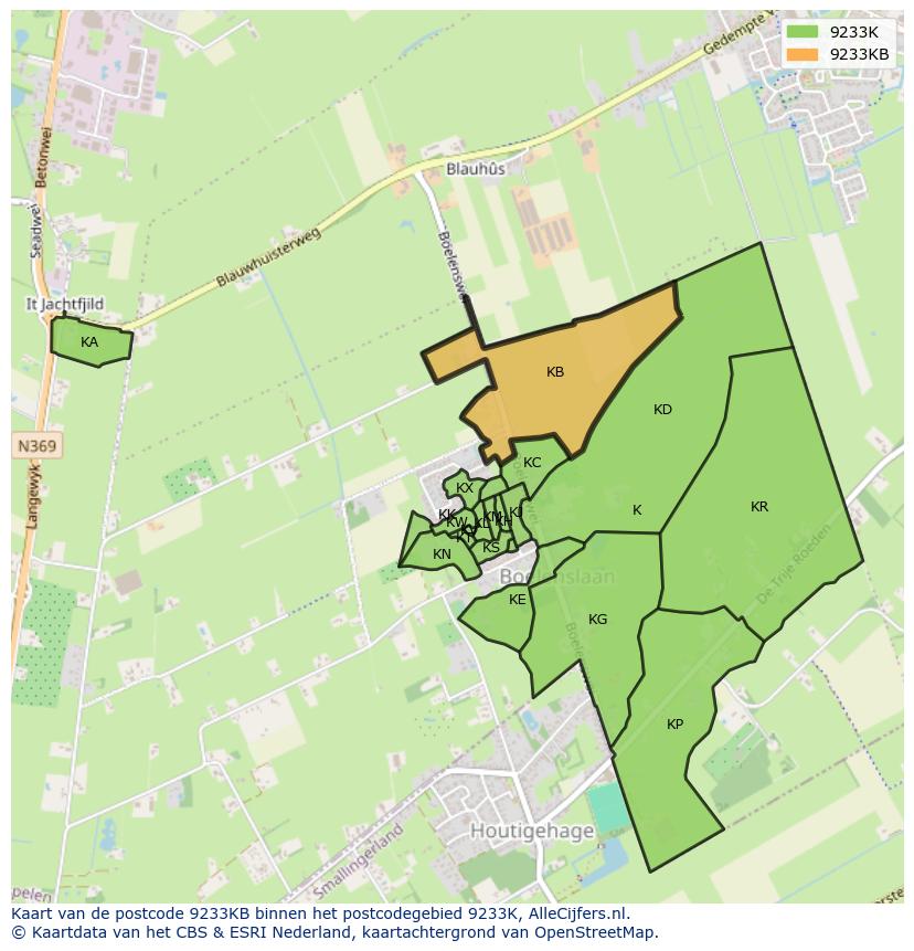 Afbeelding van het postcodegebied 9233 KB op de kaart.