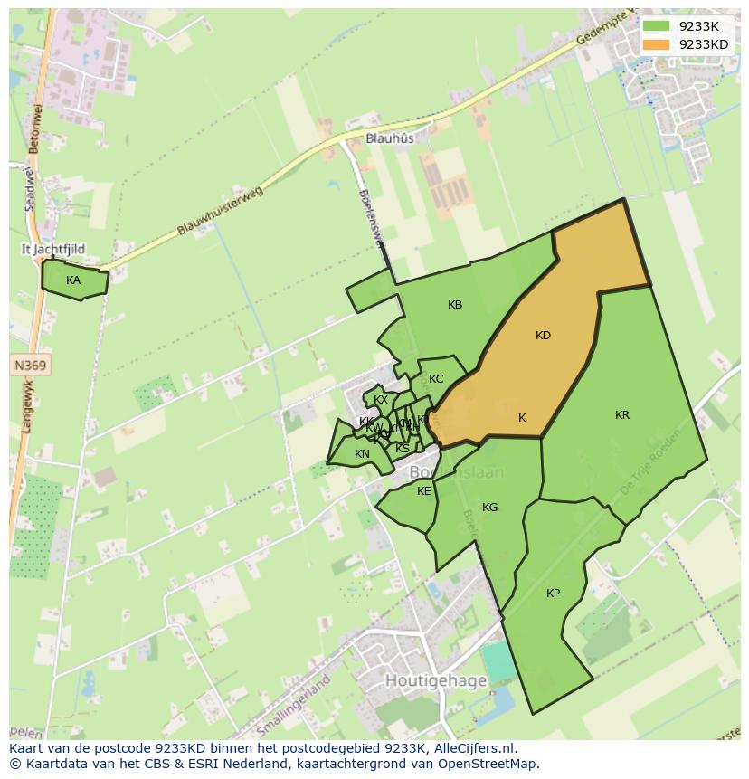 Afbeelding van het postcodegebied 9233 KD op de kaart.