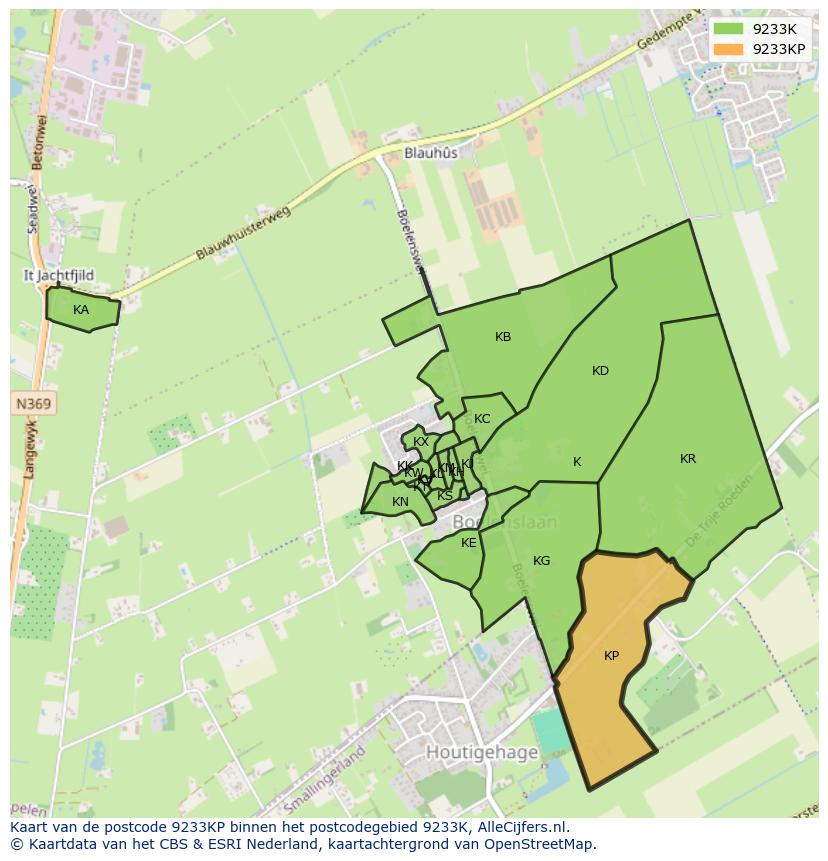 Afbeelding van het postcodegebied 9233 KP op de kaart.