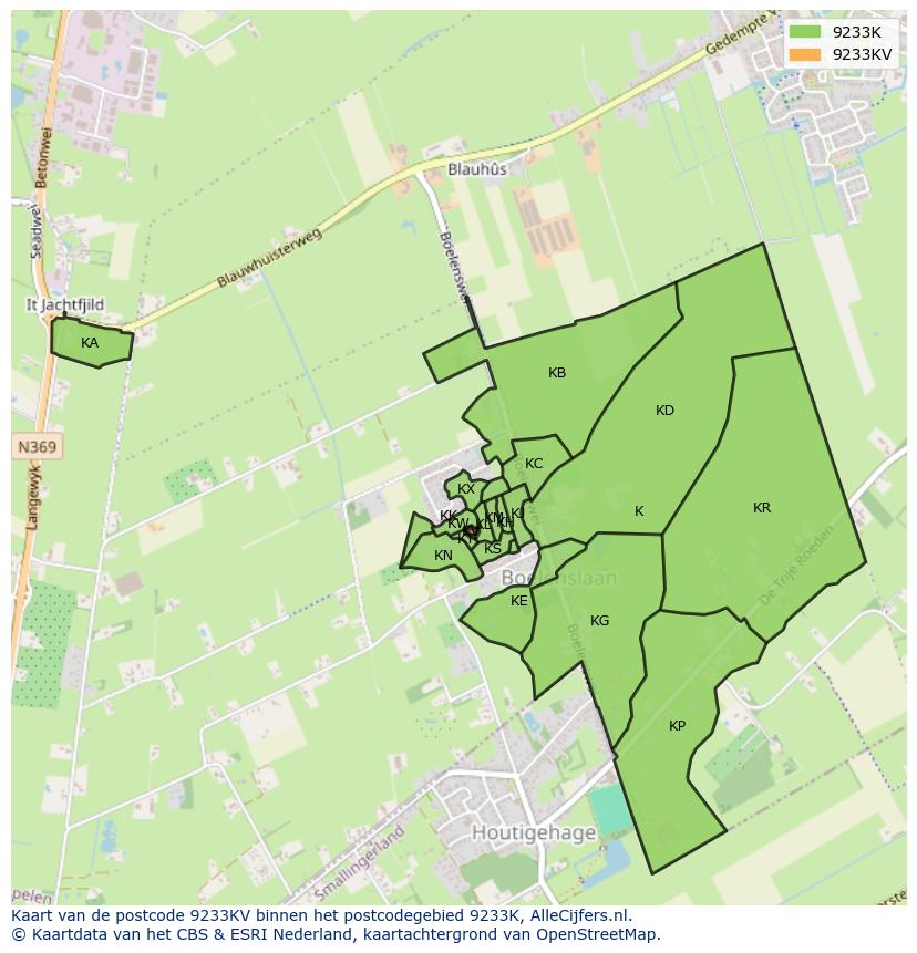 Afbeelding van het postcodegebied 9233 KV op de kaart.