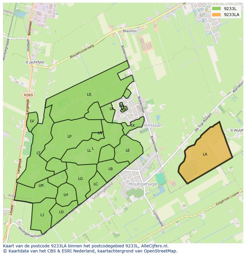 Afbeelding van het postcodegebied 9233 LA op de kaart.