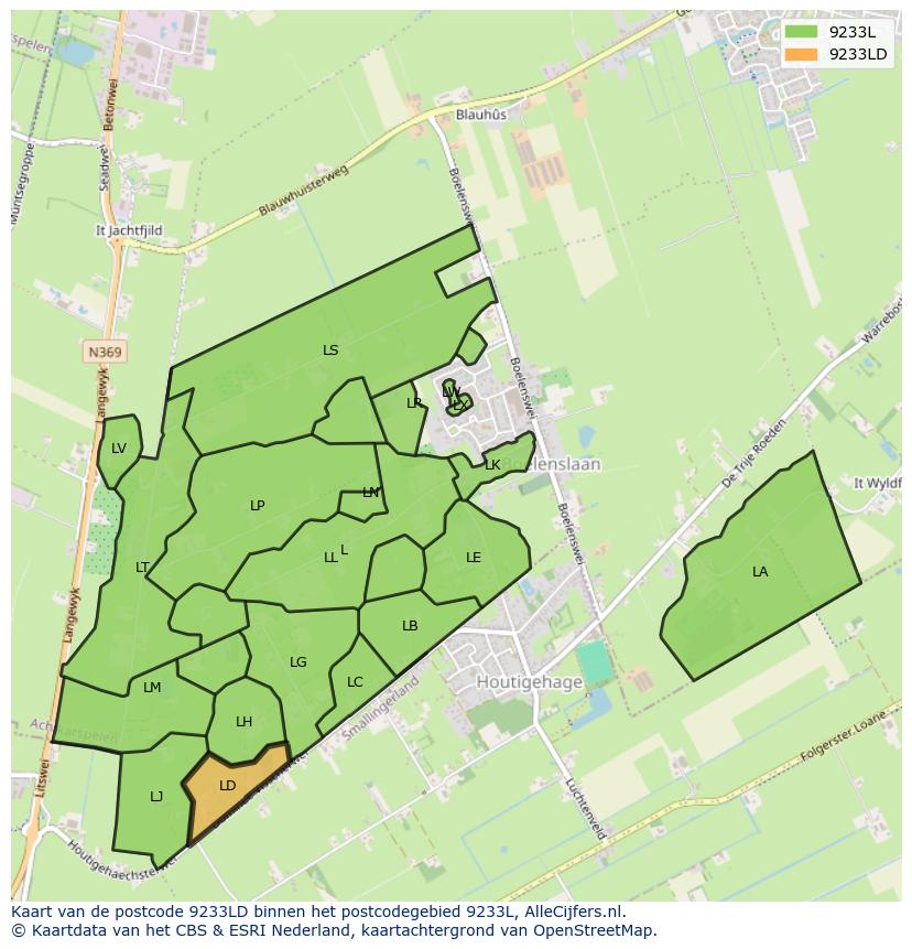 Afbeelding van het postcodegebied 9233 LD op de kaart.