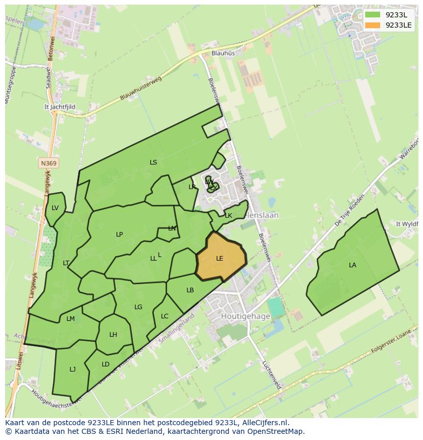 Afbeelding van het postcodegebied 9233 LE op de kaart.