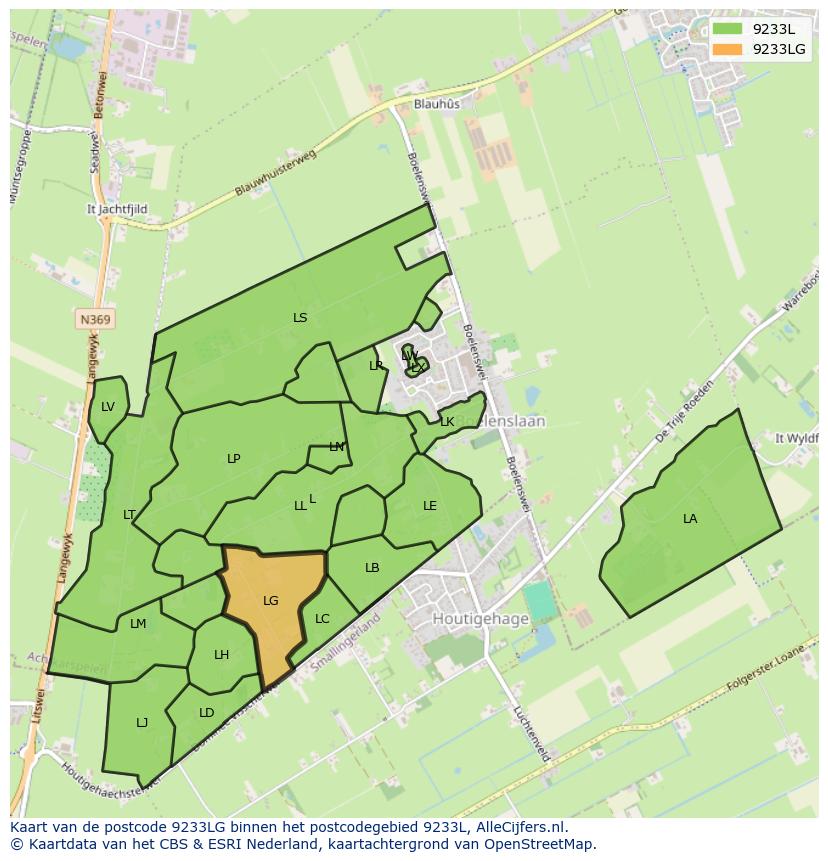Afbeelding van het postcodegebied 9233 LG op de kaart.