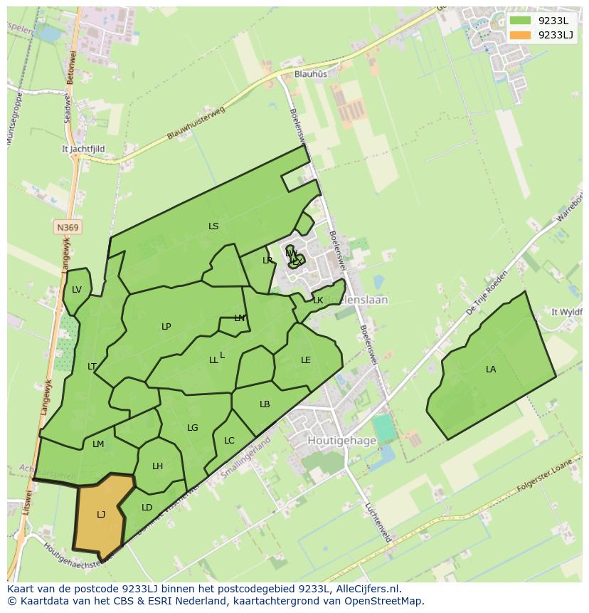 Afbeelding van het postcodegebied 9233 LJ op de kaart.