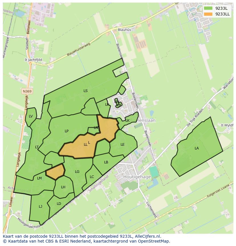 Afbeelding van het postcodegebied 9233 LL op de kaart.