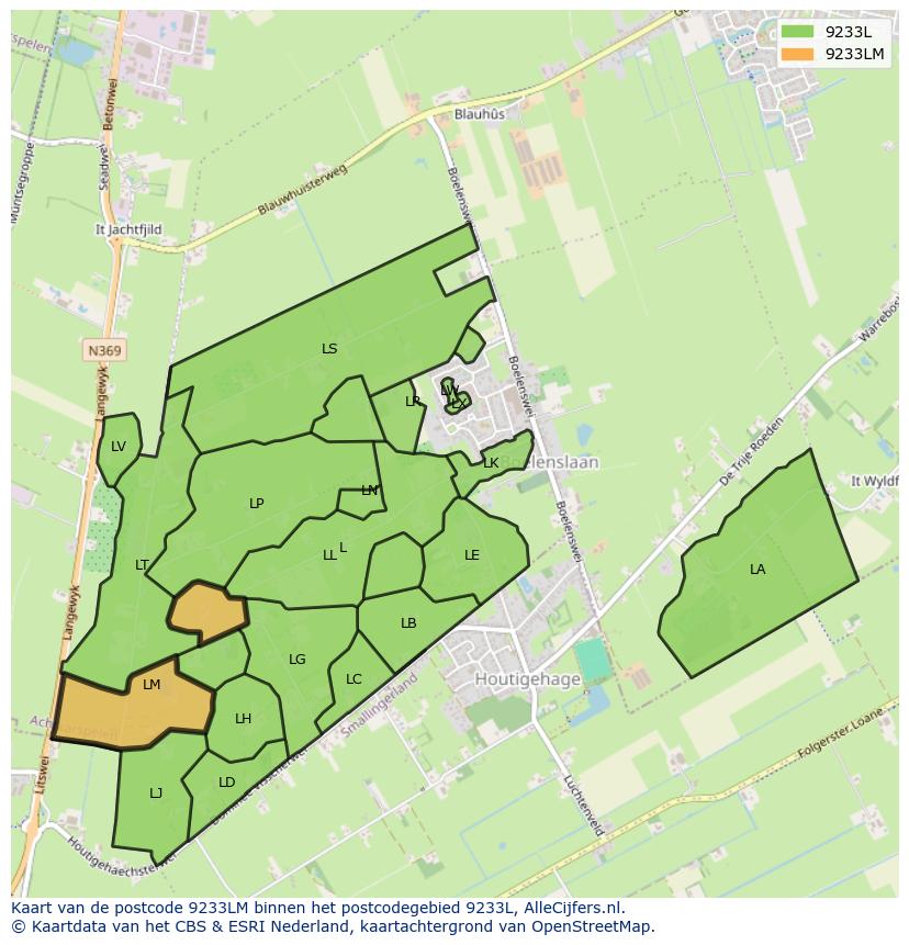 Afbeelding van het postcodegebied 9233 LM op de kaart.