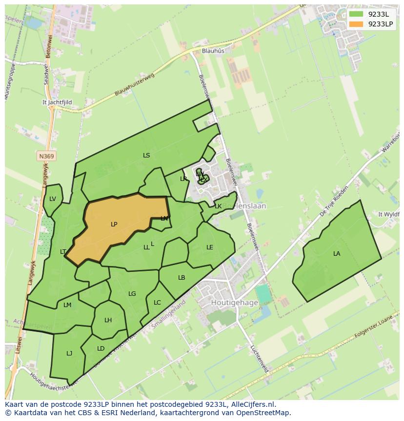 Afbeelding van het postcodegebied 9233 LP op de kaart.