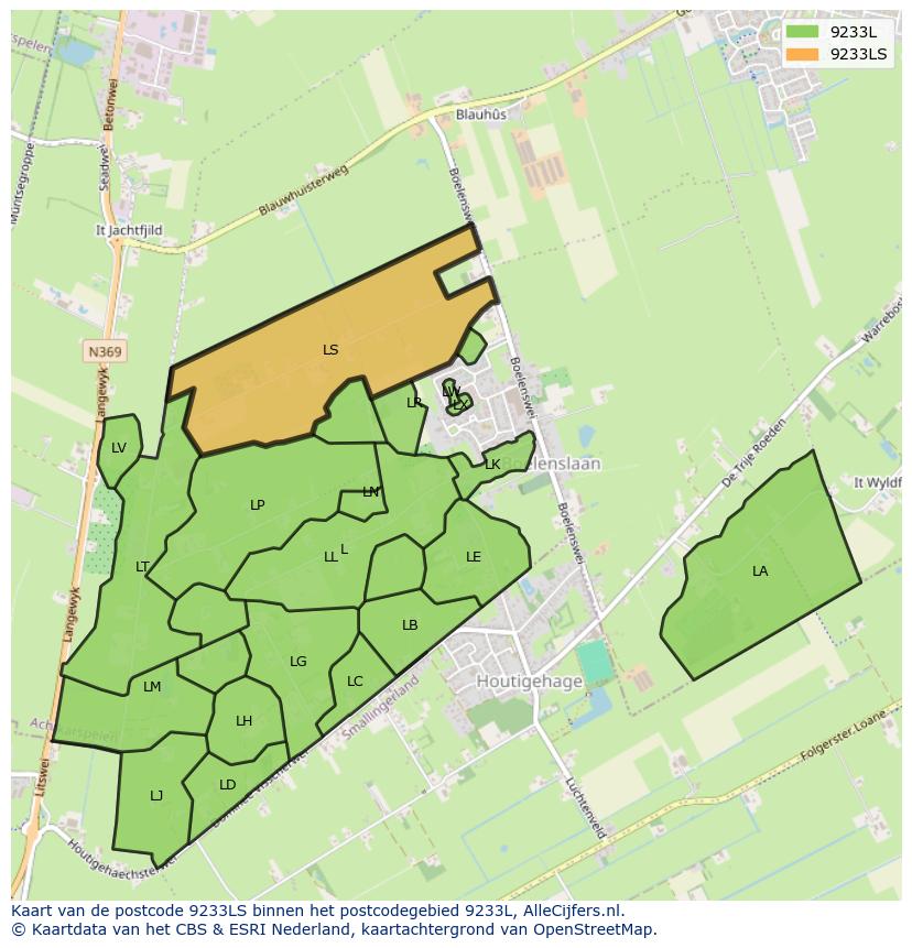 Afbeelding van het postcodegebied 9233 LS op de kaart.