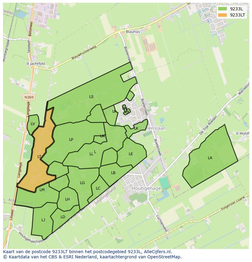 Afbeelding van het postcodegebied 9233 LT op de kaart.